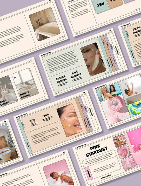 A grid layout of presentation slides spread across the image, showcasing a presentation on bathing trends. The slides feature visuals and text highlighting insights and designs related to modern bathing habits and styles.
