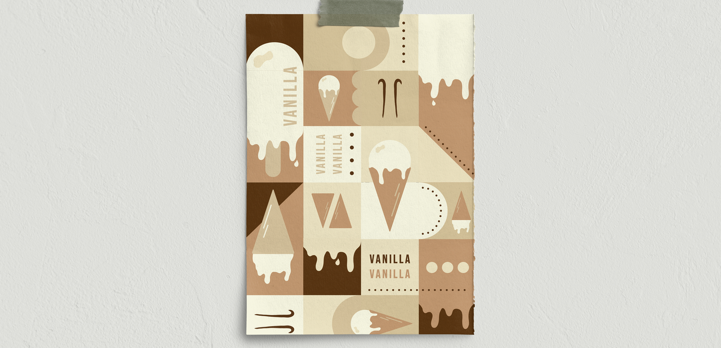 Geometric Bauhaus-style artwork based on 'Vanilla,' featuring a grid square pattern with various elements like vanilla beans, ice cream cones, dripping ice cream, and other vanilla-themed items.