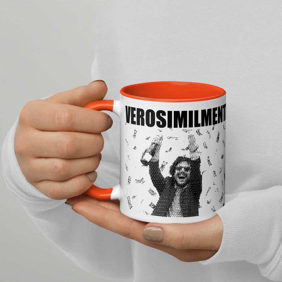 Tazza con manico, uomo che festeggia, testo "VEROSIMILMENTE"