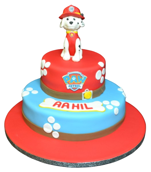 A colourful Marshall character cake inspired by Paw Patrol, perfect for a themed children's party. Bright, fun and eye-catching design in UK.