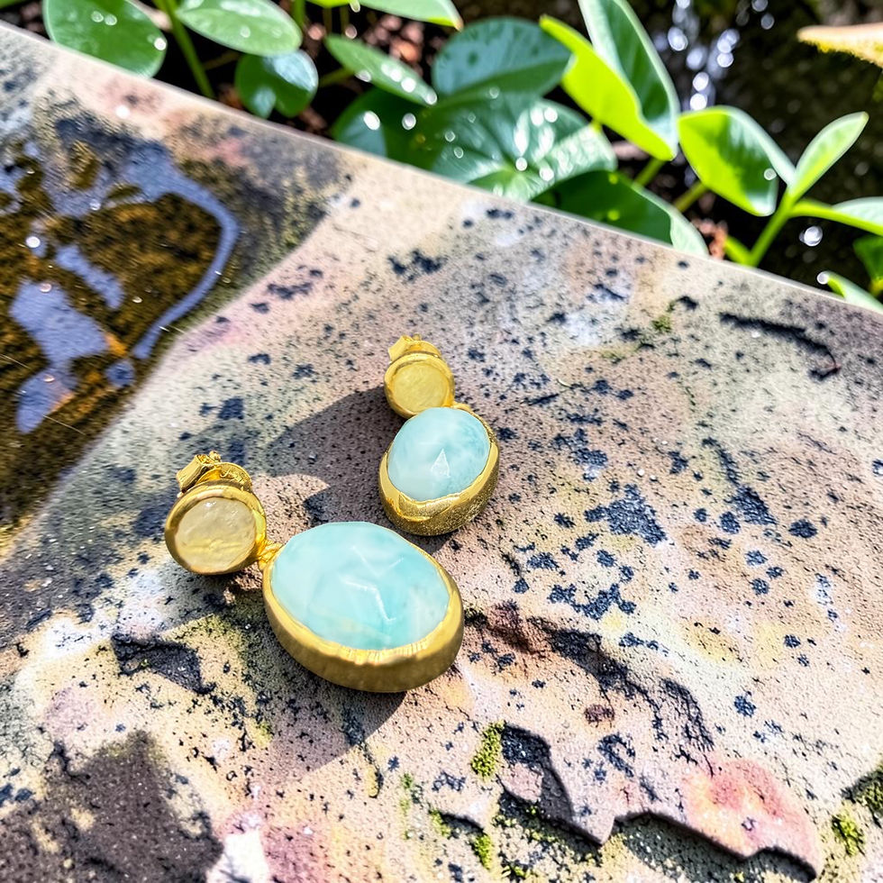 縮圖：海紋石x黄髮晶耳環 Larimar x Golden Rutilated Earring