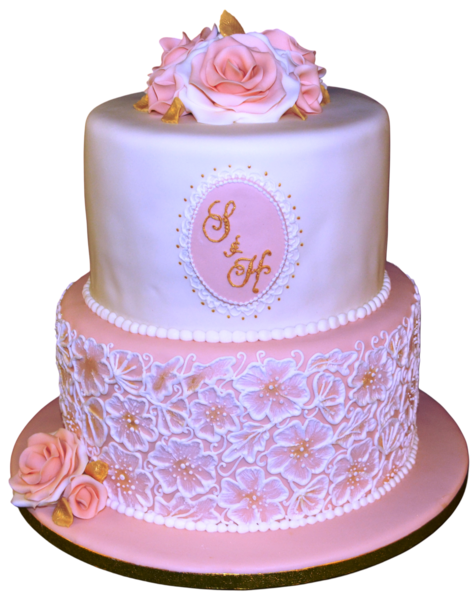 Two-tiered wedding cake with sugar paste roses, floral lace, and gold initials.