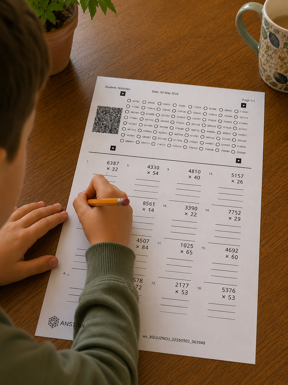 Filling out an Anstrix math practice worksheet