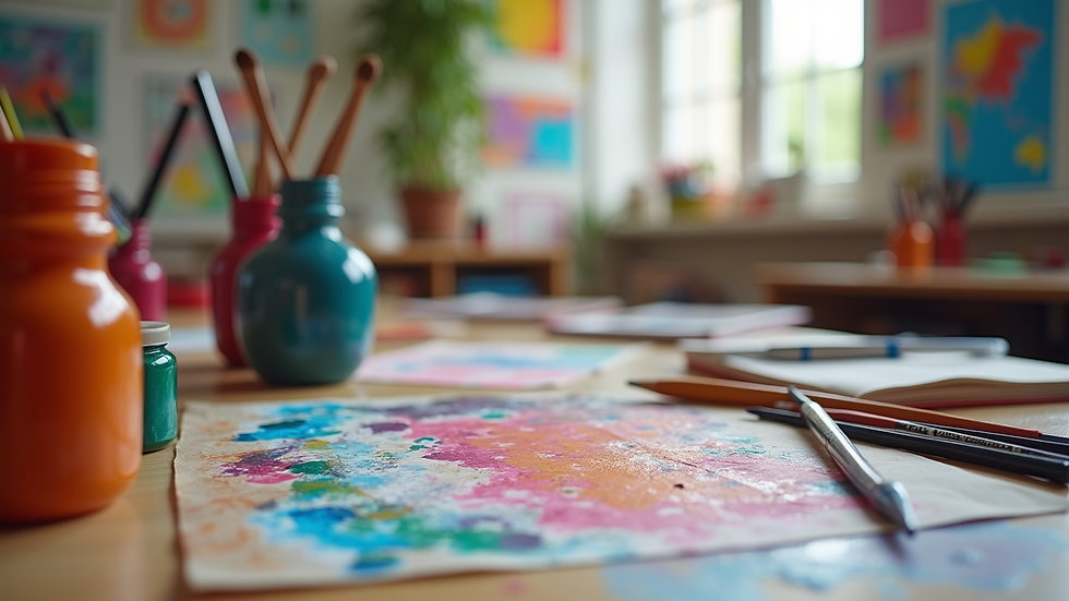 Eye-level view of a colourful art classroom with painting supplies