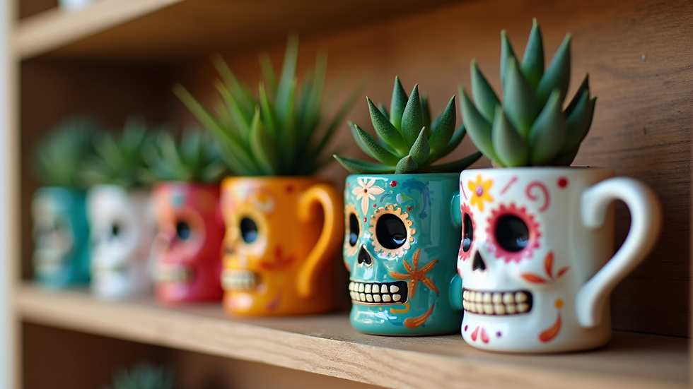 Eye-level view of sugar skull mugs used as colorful planters on a wooden shelf