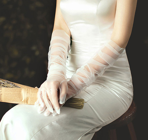 Long Tulle mesh White gloves elbow length sheer opera gloves, long
