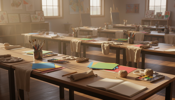 Wide-angle view of a calm art room with paper, paints and clay ready for children to use