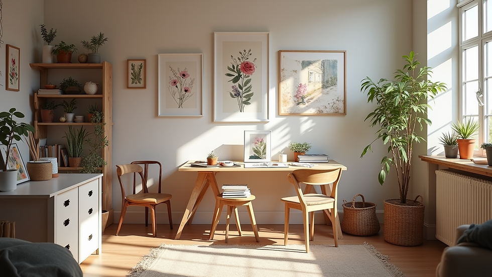 Eye-level view of a cozy art studio with floral prints on the walls