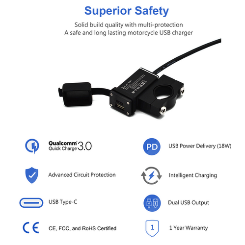 Motorcycle Phone Charger, QC 3.0 USB & Type-C, Waterproof Handlebar Mount