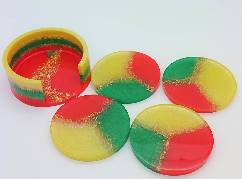 Thumbnail: Yellow Green Red w Gold Flakes Small Coaster Set of 4 w Holder
