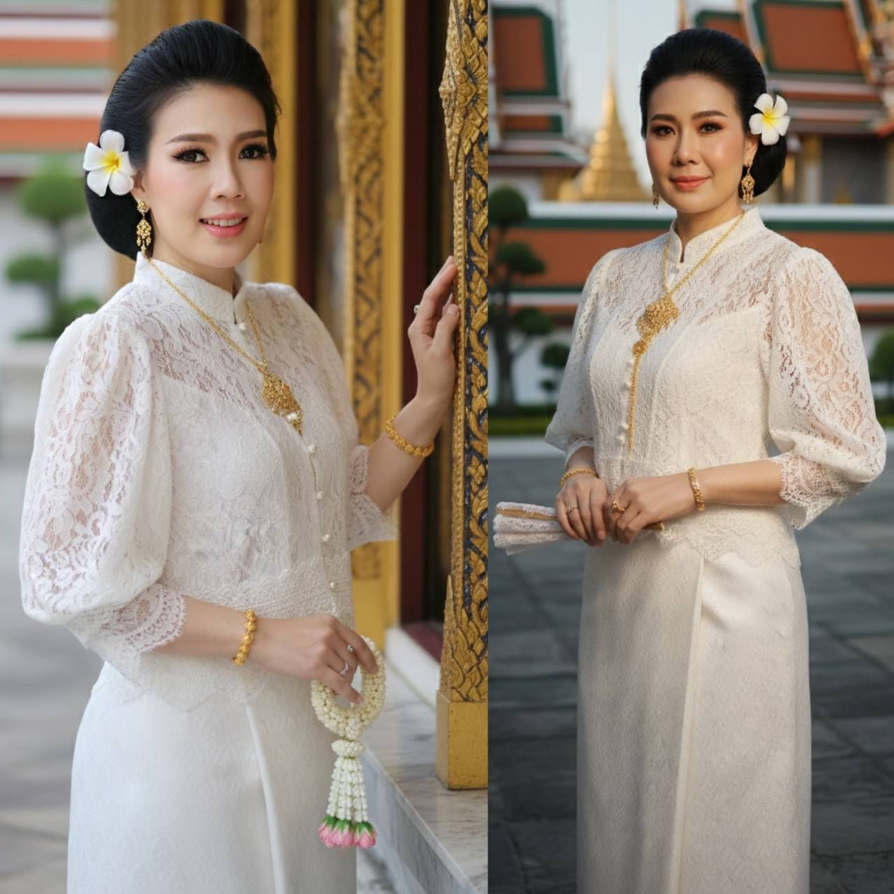 เสื้อลูกไม้ฉลุลายสวย ดีไซน์ทรงแขนพุ่มมีวอลลุ่ม ใส่ออกงานขาวดำ งานบุญ งานพิธี