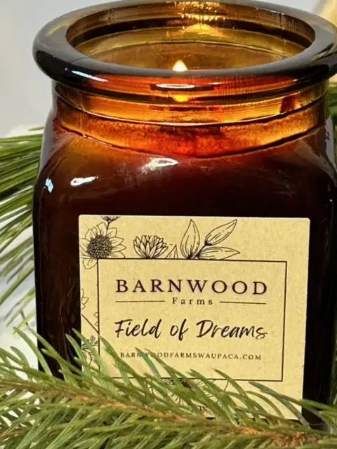 Barnwood Farms Field of Dreams candle in brown jar