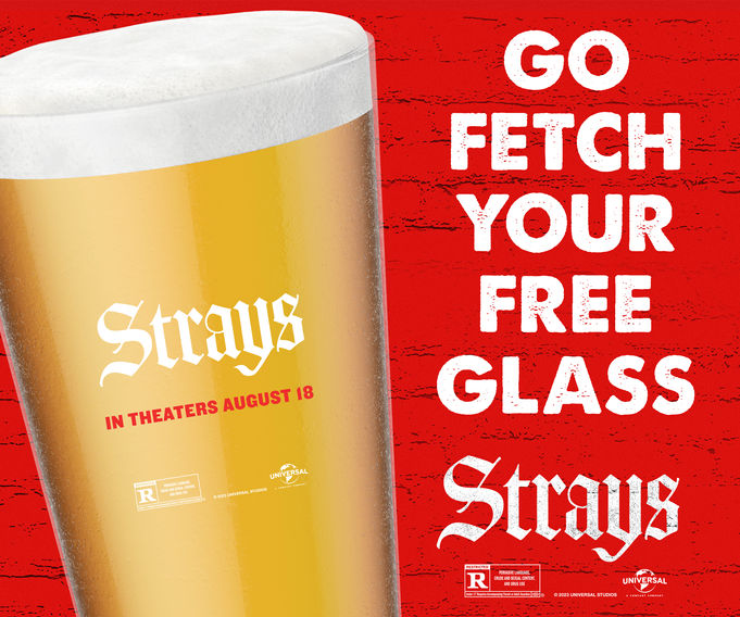 Red promotional static cling with image of a pint glass and white text