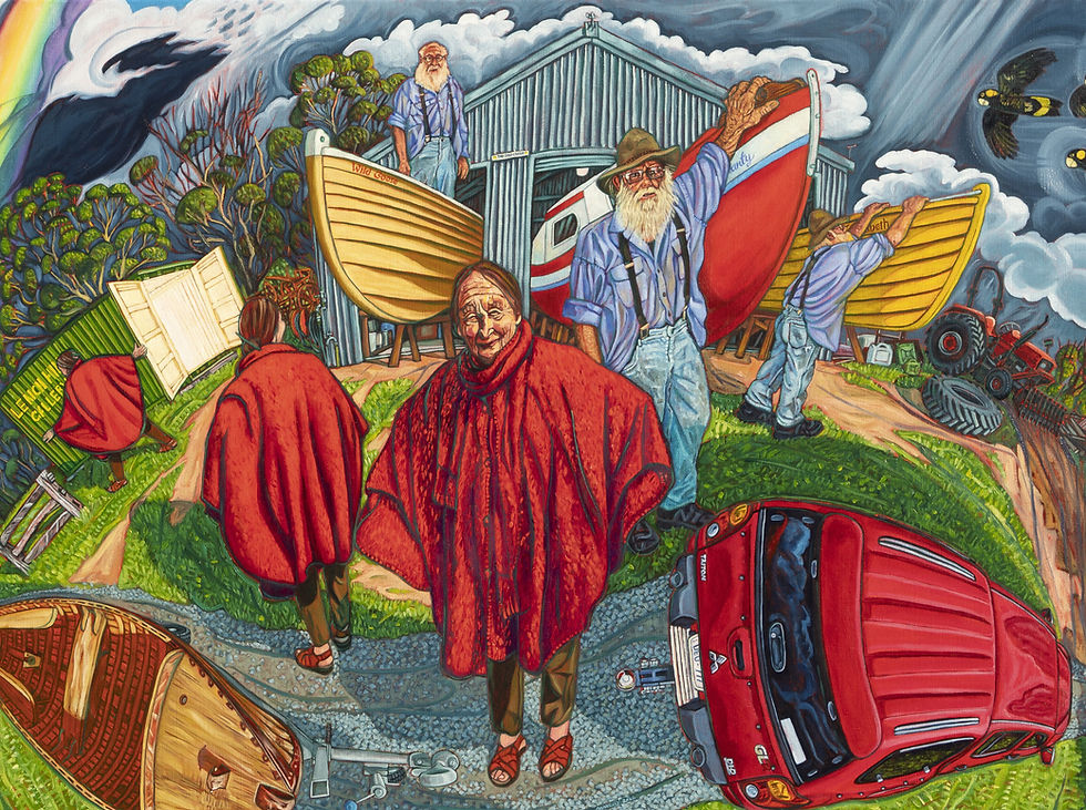 Michael Donnelly, Noah Builds More Boats - Brian and Elizabeth Blakeman of Wairewa, Oil on Linen, 183 x 183 cm, 2026