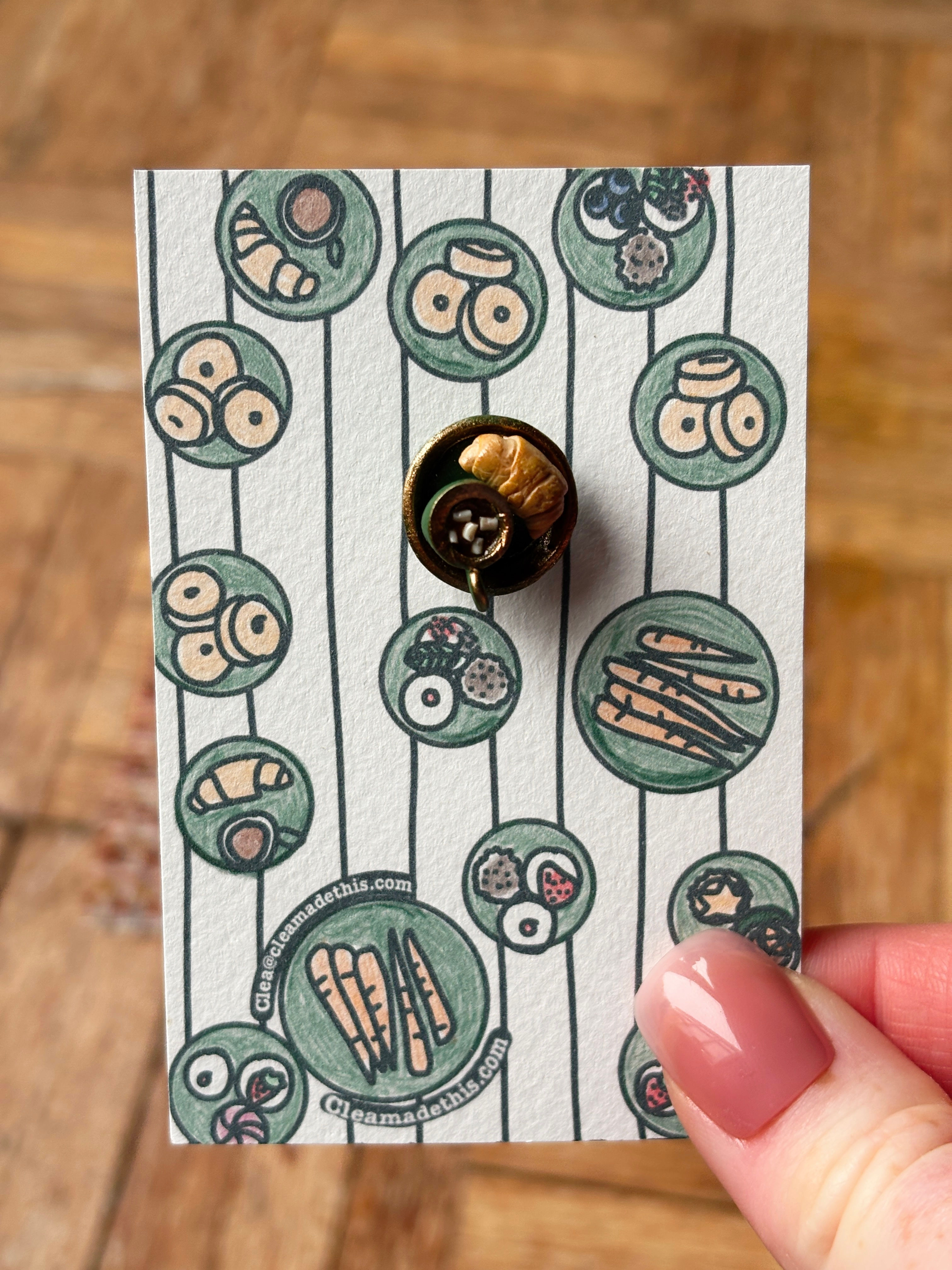 Miniature plate of croissant & hot chocolate pin or brooch