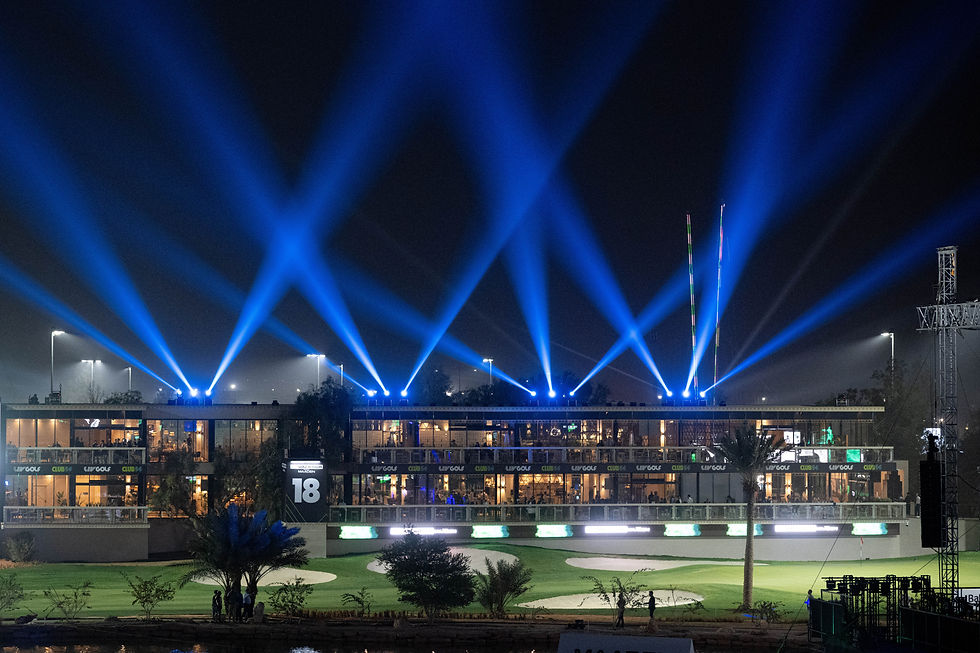 A general view of a laser light show seen over the 18th hole to start the first round of LIV Golf Riyadh at Riyadh Golf Club (Photo by LIV Golf)