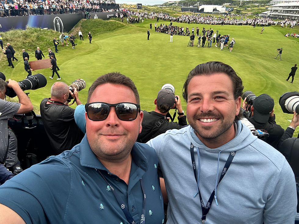 Jonny & Michael in the media grandstand on the 18th hole as Scottie Scheffler lifted The Claret Jug
