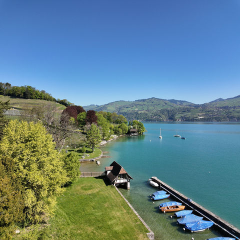 Lakeside view with boats at a dock and green hills.