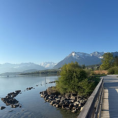 Lakeside boardwalk in Bonstetten under a clear blue sky