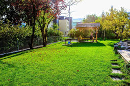 Gepflegter grüner Rasen in einem Garten mit Holzpavillon und Bäumen.