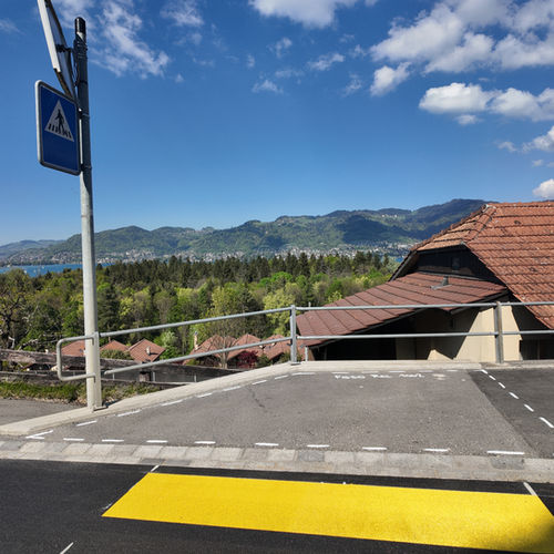Road with yellow pedestrian crossing overlooking a lake and mountains
