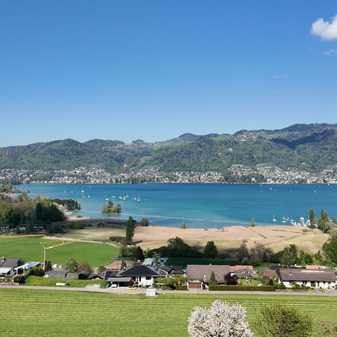 Lake and mountains with green fields and houses
