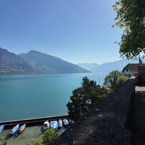 Scenic view of Lake Brienz with mountains and boats.