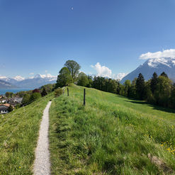 Path on grassy hill overlooks lake and snow-capped mountains