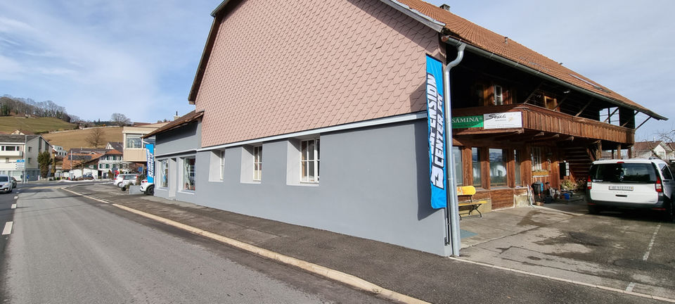 Strassenansicht eines Hauses mit grauer Fassade und braunem Dach, daneben ein Autounterstand.