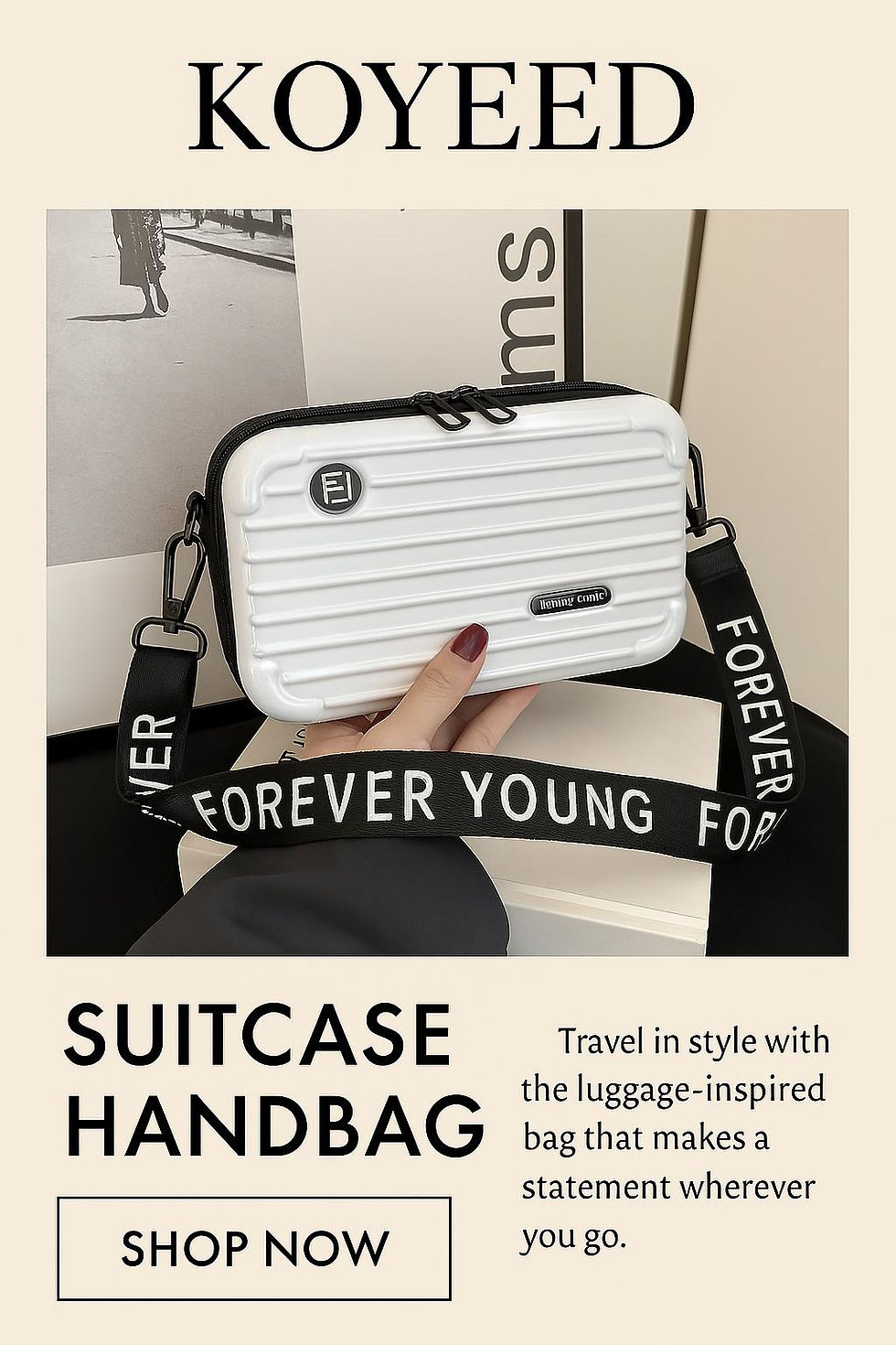 White Mini Cosmetic Hard Case Luggage Bag with Strap | Available in Koyeed
