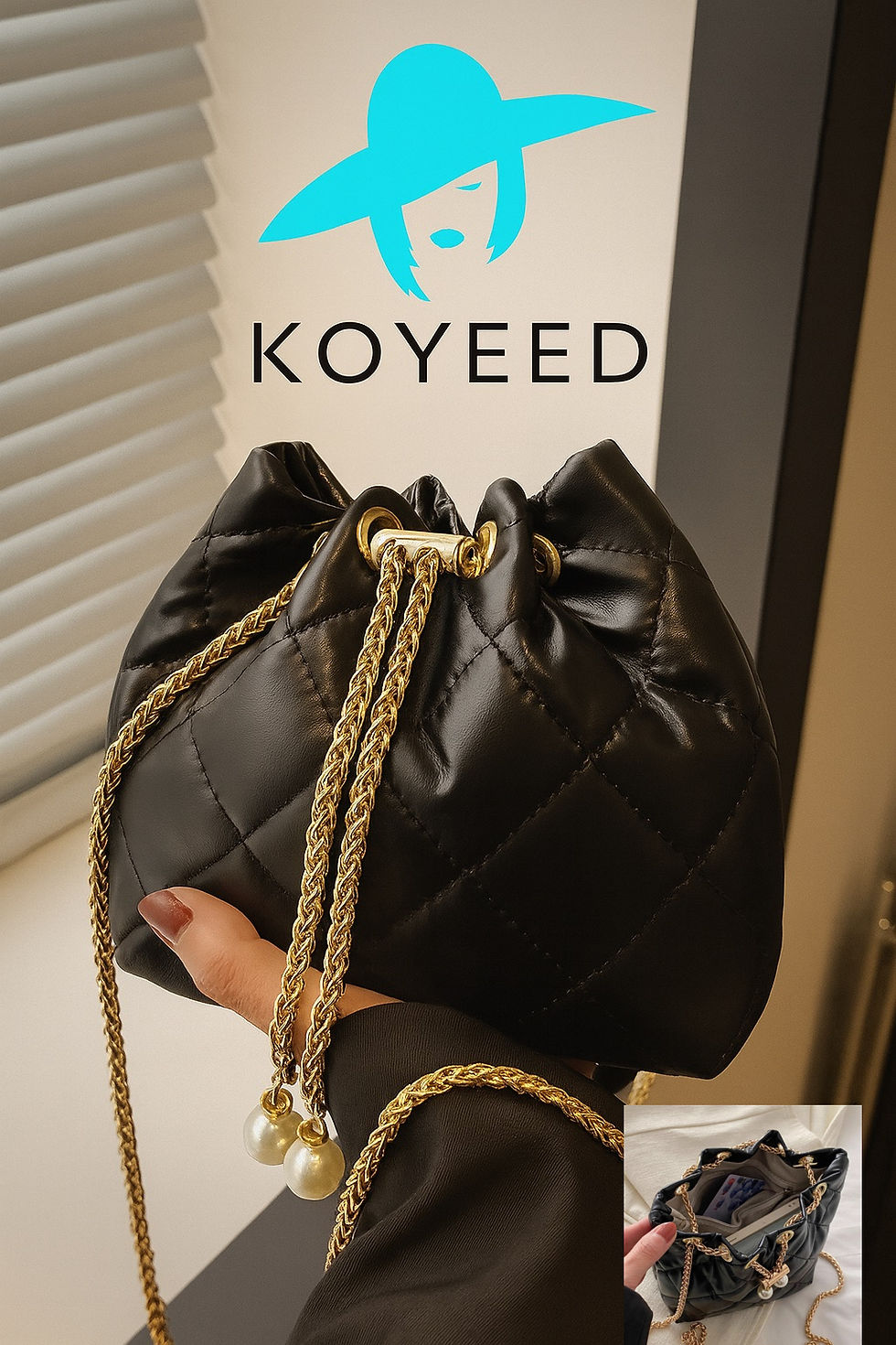Elegant Black Quilted Bag with Strap | Available in Koyeed Lifestyle