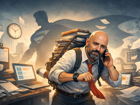 Hombre con mochila llena de libros habla por teléfono. Al fondo aparece la sombra de un superhéroe como metáfora del liderazgo que intenta rescatarlo todo.
