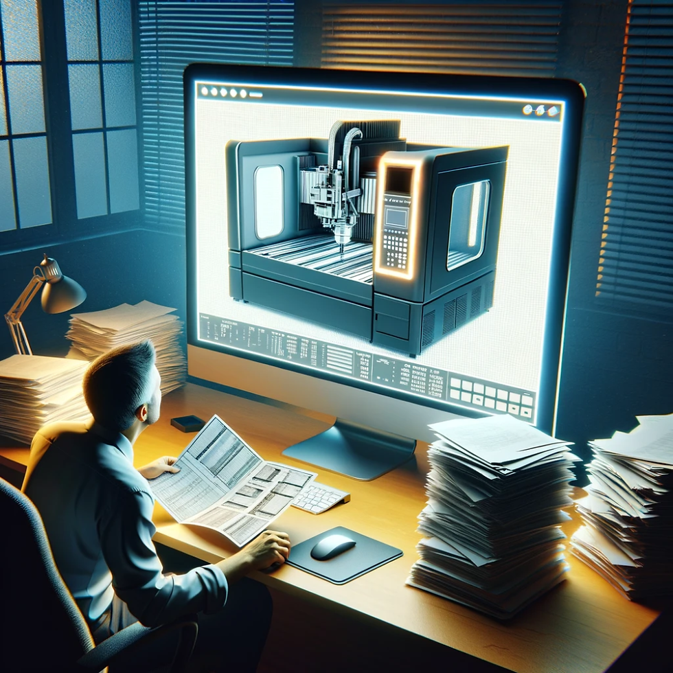 Hombre trabajando en computadora con diseño de máquina CNC en pantalla, rodeado de pilas de papeles. Ambiente de oficina iluminada cálidamente.