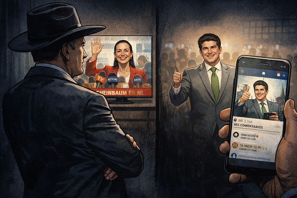Ilustración estilo editorial donde un empresario con sombrero observa desde la sombra mientras, por separado, una presidenta aparece en un noticiero rodeada de cámaras y un gobernador protagoniza una publicación en redes sociales, acaparando la atención mediática.