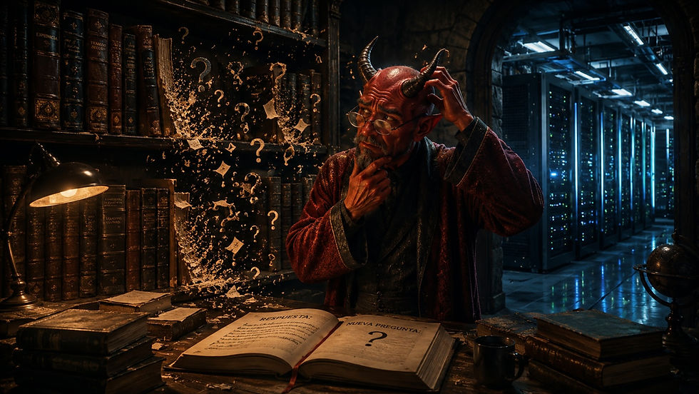 Diablo anciano y pensativo en una biblioteca antigua frente a un moderno centro de datos. La imagen representa el contraste entre la sabiduría tradicional, la experiencia acumulada y la era de la inteligencia artificial, donde la abundancia de información obliga a cuestionar las certezas del pasado.