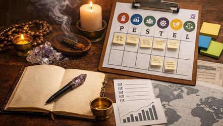 Un incienso, cristales y una libreta ademas un análisis PESTEL