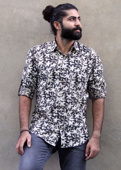 Thumbnail: Mens Shirt Long Sleeves Cotton Hand Block Print Gray