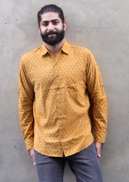 Thumbnail: Mens Shirt Long Sleeves Cotton Hand Block Print Mustard