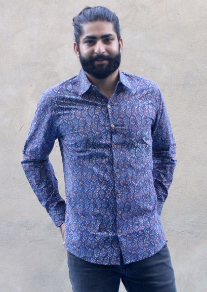 Thumbnail: Mens Shirt Long Sleeves Cotton Hand Block Print Blue