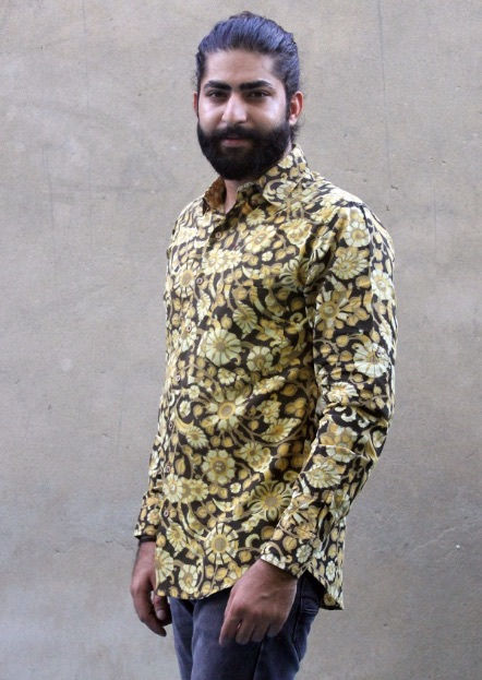 Thumbnail: Mens Shirt Long Sleeves Cotton Hand Block Print Mustard