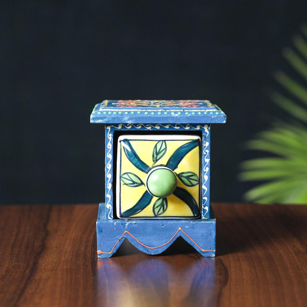 Handicraft antique look made ceramic drawer and wooden chest