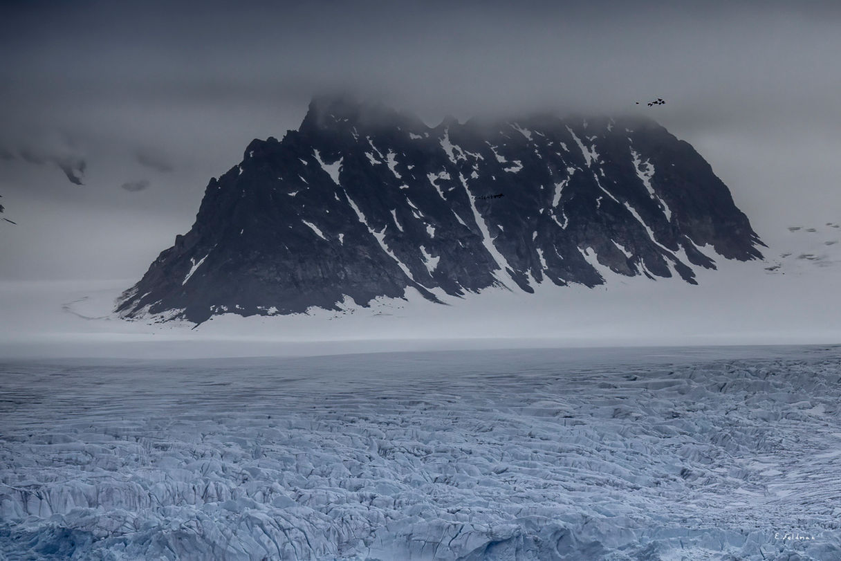 Montaña nevada en el Ártico con terreno glaciar y niebla espesa; EL ÁRTICO.