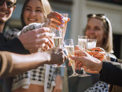A group of people raise champagne glasses in a cheerful toast outdoors. Smiling faces, sunlight, and bubbles create a festive mood of this surprise proposal by Amsterdam photographer.