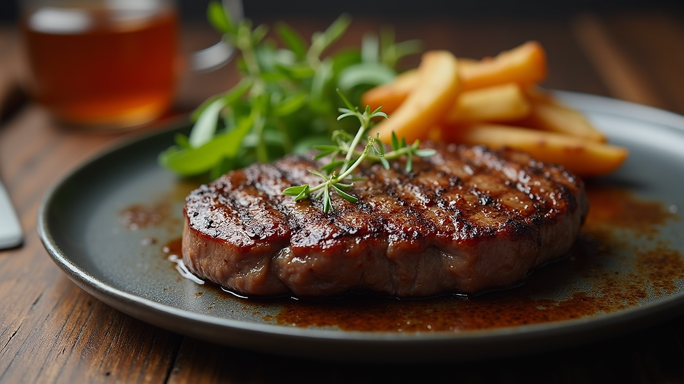 Close-up view of a perfectly grilled Alberta beef steak on a plate