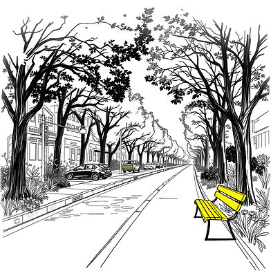 black and white city road with some trees and plants, with a person seated in a yellow ben