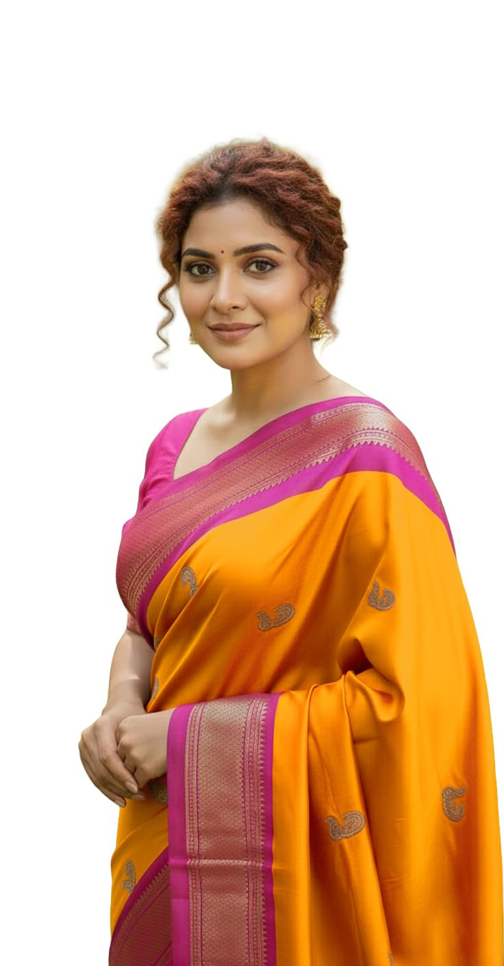 NYCEEBA Timeless Grace Paithani Sico Silk Saree (Orange/Pink)