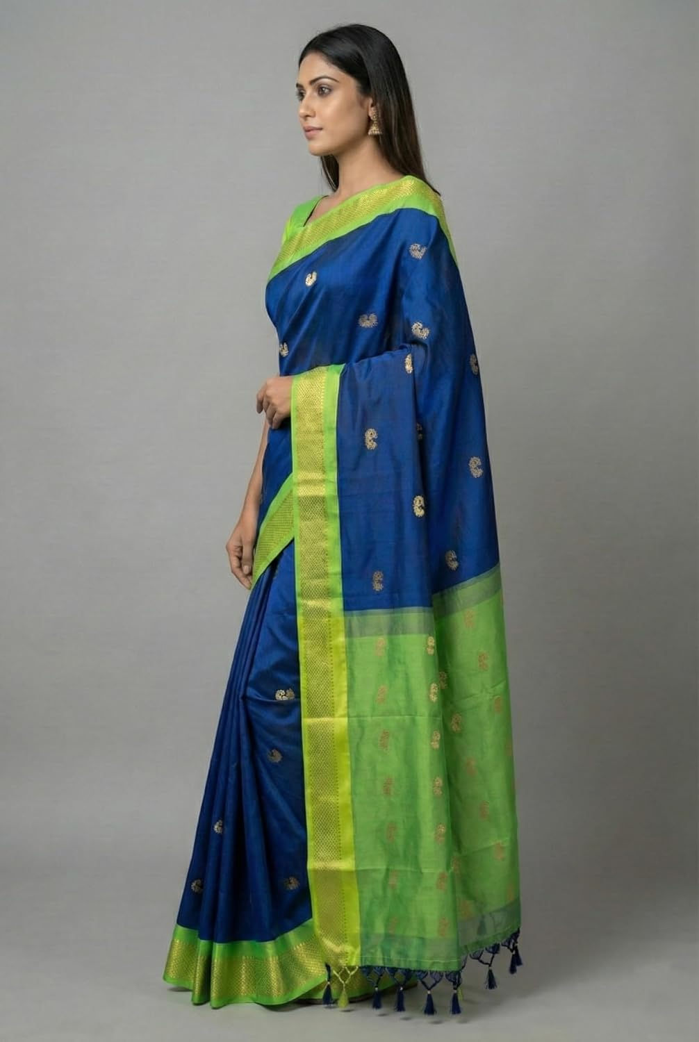 Navy Blue & Lime Green Soft Cotton Sico Silk Saree with Intricate Gold Zari Border & Tassels - Image 2