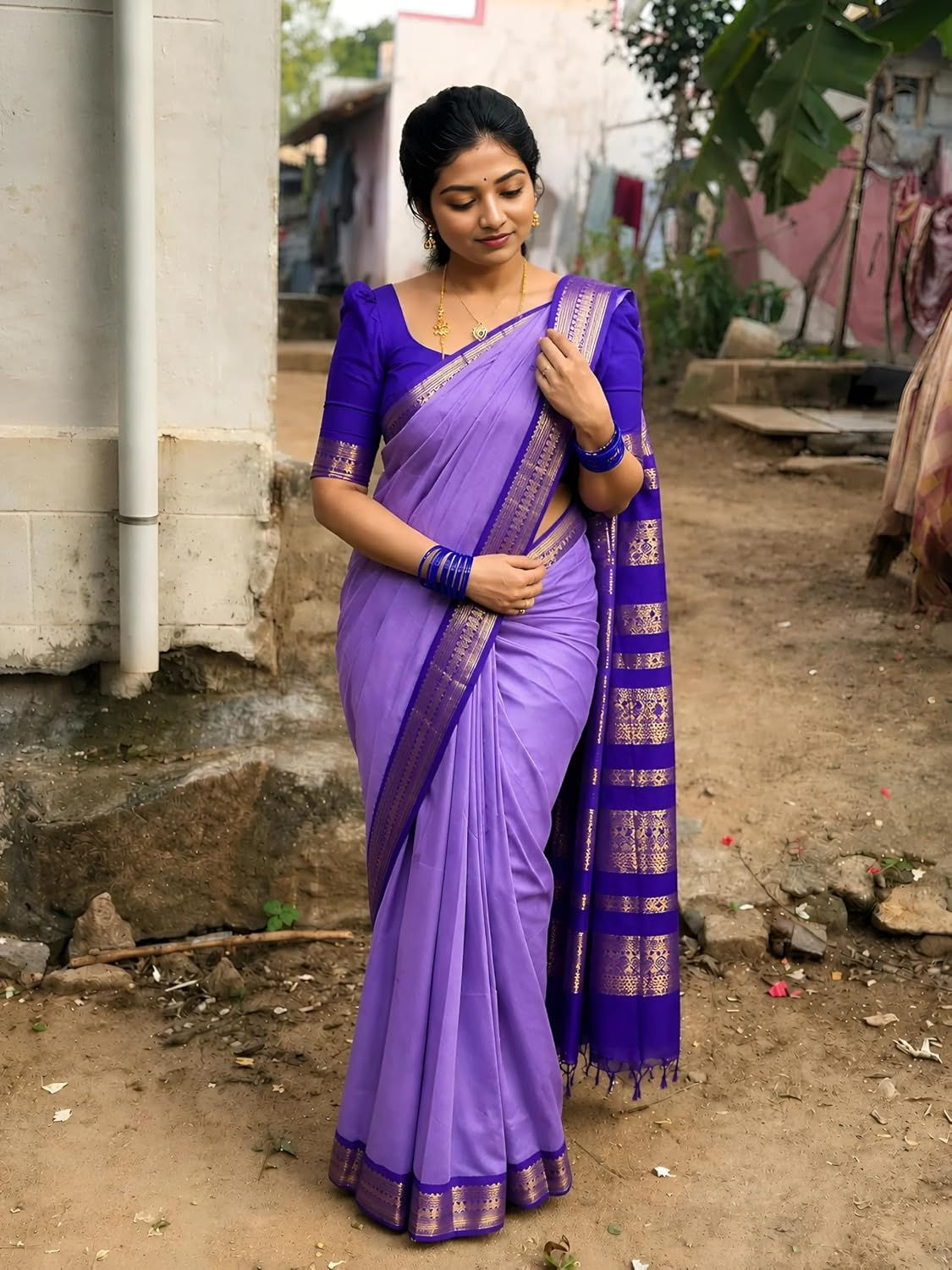 ILAIYAAL CLOTHINGS South Cotton Gadwal Saree for Women | Celebrity Inspired Traditional Ethnic Wear | Chettinad & Kalyani Cotton Sarees | Soft Cotton Saree with Blouse Piece - Lavender - Image 6