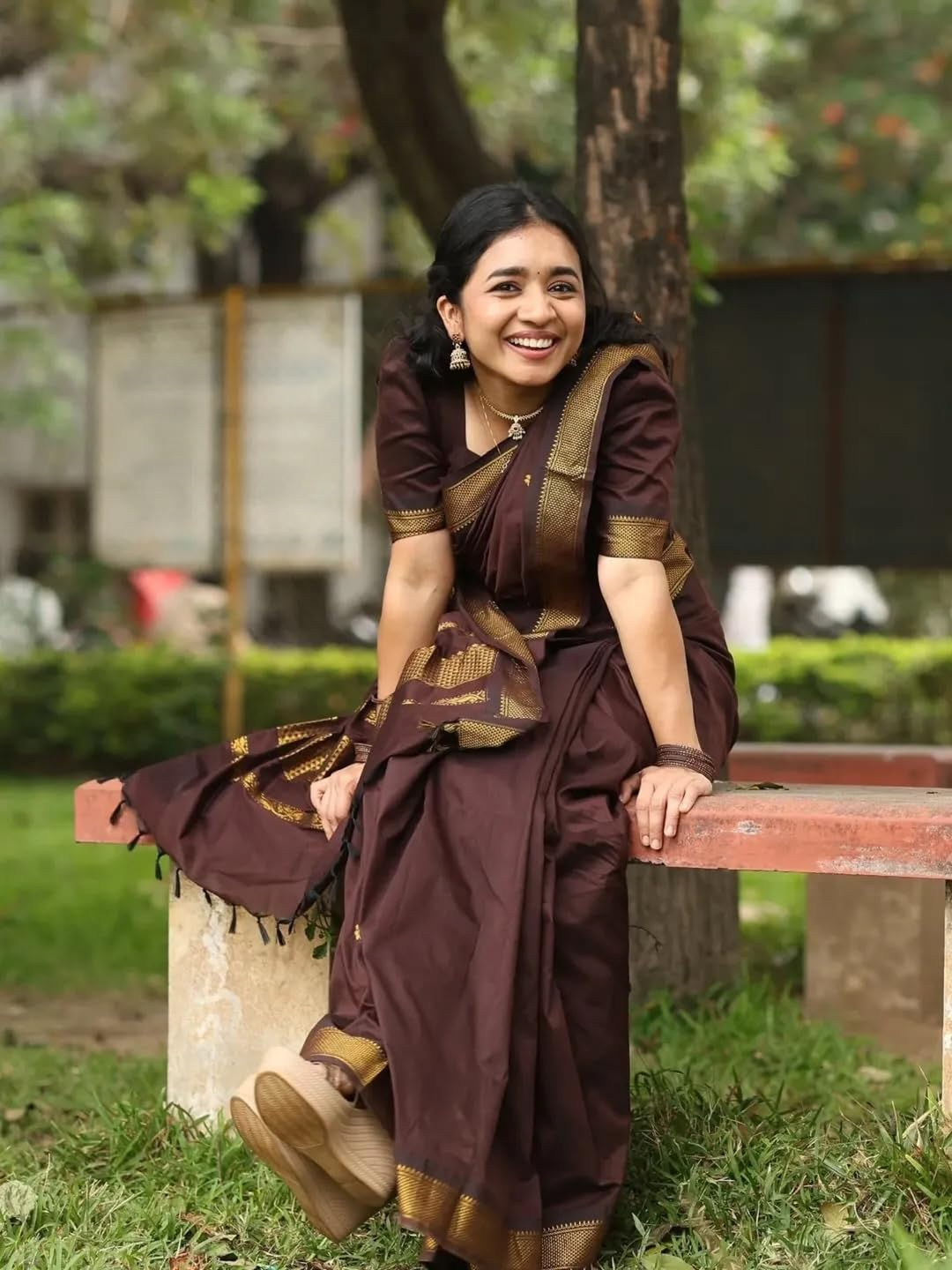 ILAIYAAL CLOTHINGS South Cotton Gadwal Saree for Women | Celebrity Inspired Traditional Ethnic Wear | Chettinad & Kalyani Cotton Sarees | Soft Cotton Saree with Blouse Piece - Coffee Brown - Image 4