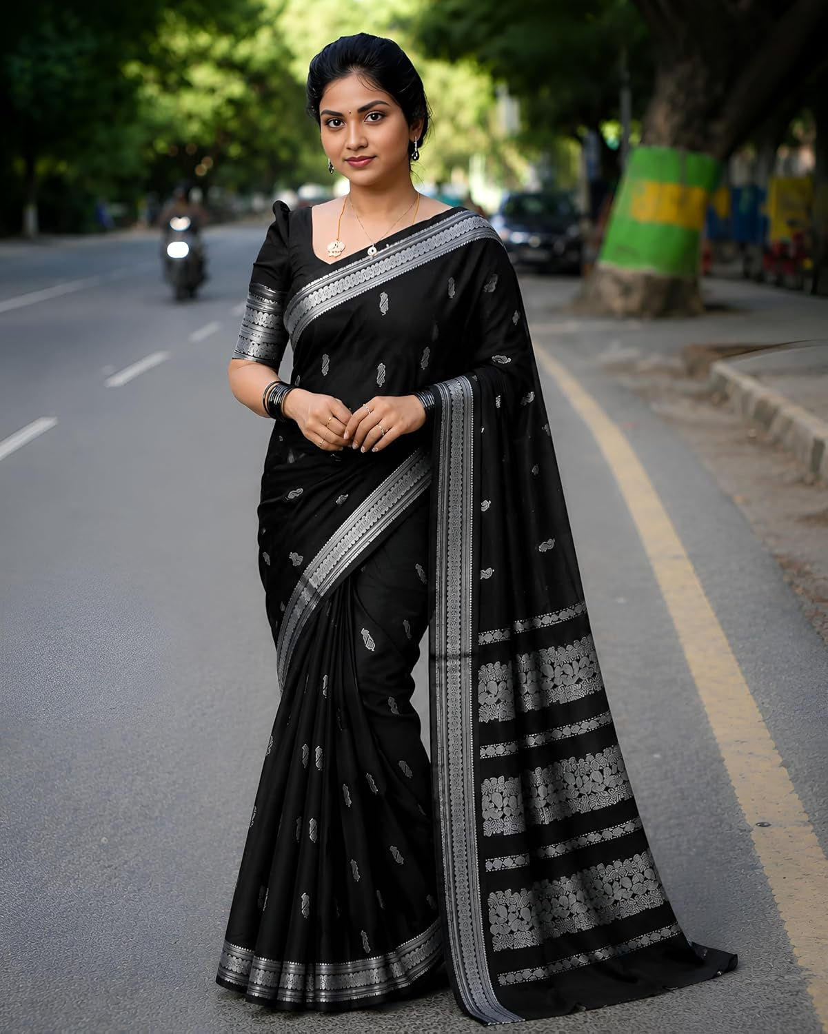 ILAIYAAL CLOTHINGS South Cotton Gadwal Saree for Women | Celebrity Inspired Traditional Ethnic Wear | Chettinad & Kalyani Cotton Sarees | Soft Cotton Saree with Blouse Piece - Black Silver - Image 2